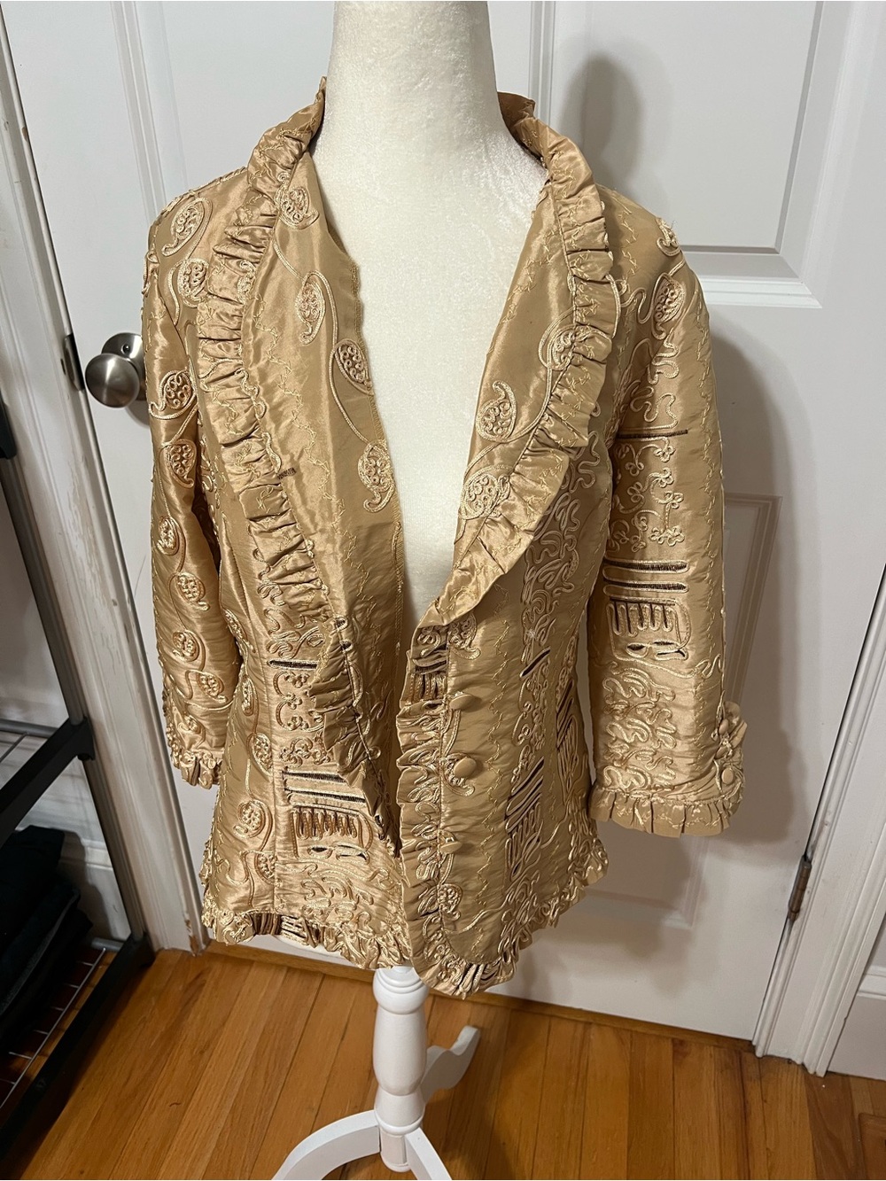 Vintage Gold Embroidered Ruffle-Trim Jacket